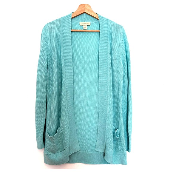 Appleseed's Sweaters - Appleseeds Women's Long Cardigan Pockets, Teal, Linen & Cotton Blend, Size Small